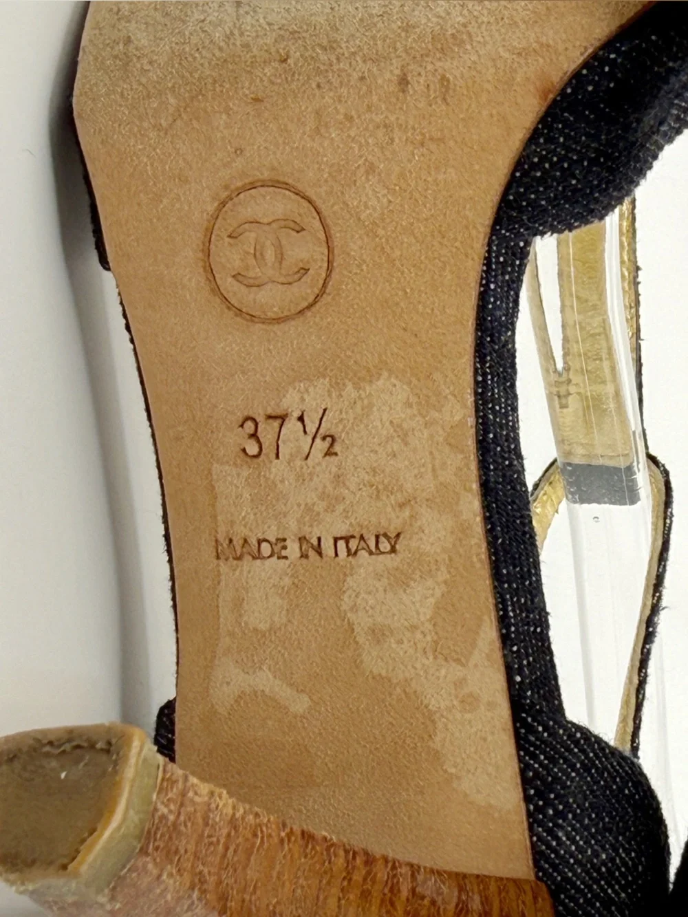 CHANEL Y2K Denim T-Strap  Sandals Heels CC Logo Blue Denim Wood Heel authentic